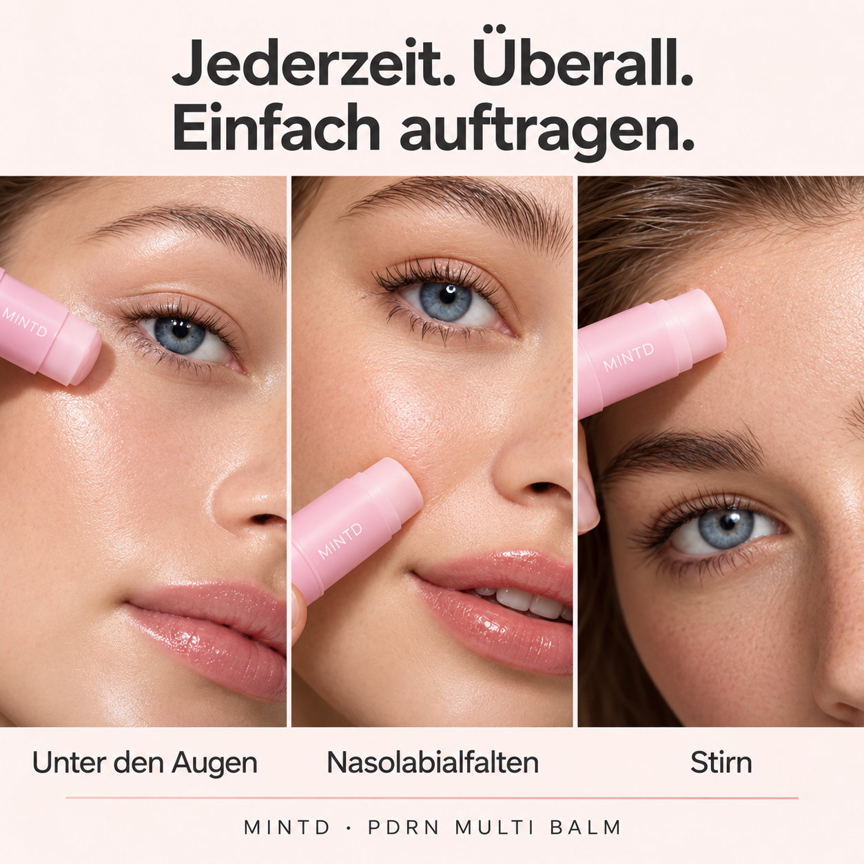 Anwendungsbereiche des MINTD PDRN Multi Balms: Augen, Nasolabialfalten und Stirn