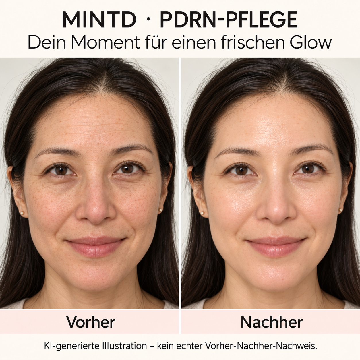 Illustration eines Hautbilds vor und nach der PDRN-Pflegeroutine